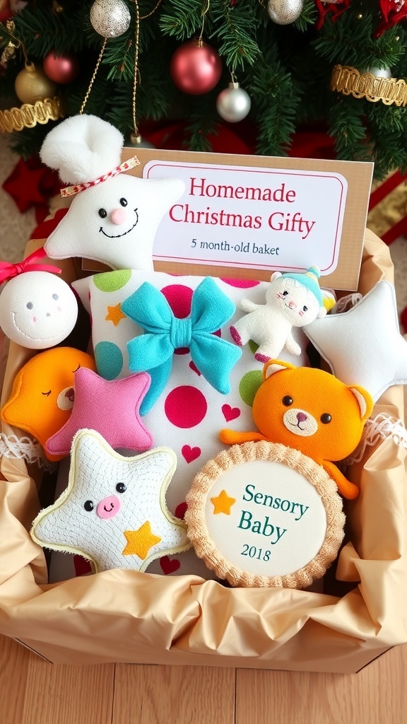 Homemade Christmas gifts for a baby, including soft toys and a sensory blanket, arranged with holiday decorations.